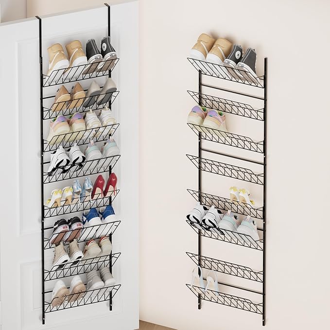 SWTYMIKI Over the Door Shoe Organizer - Adjustable 8 Tier Hanging Shoe Rack Organizer, Metal Heavy Duty Behind Door Storage or Wall Mount Shoes Shelf for Flats, Heels, Sneakers, Boots, Black