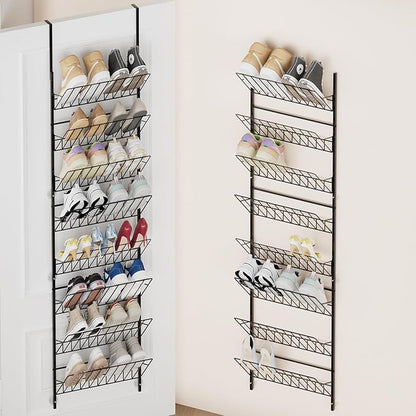 SWTYMIKI Over the Door Shoe Organizer - Adjustable 8 Tier Hanging Shoe Rack Organizer, Metal Heavy Duty Behind Door Storage or Wall Mount Shoes Shelf for Flats, Heels, Sneakers, Boots, Black