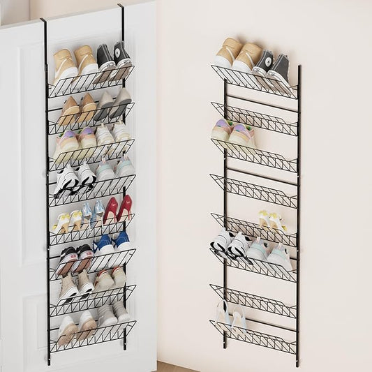 SWTYMIKI Over the Door Shoe Organizer - Adjustable 8 Tier Hanging Shoe Rack Organizer, Metal Heavy Duty Behind Door Storage or Wall Mount Shoes Shelf for Flats, Heels, Sneakers, Boots, Black