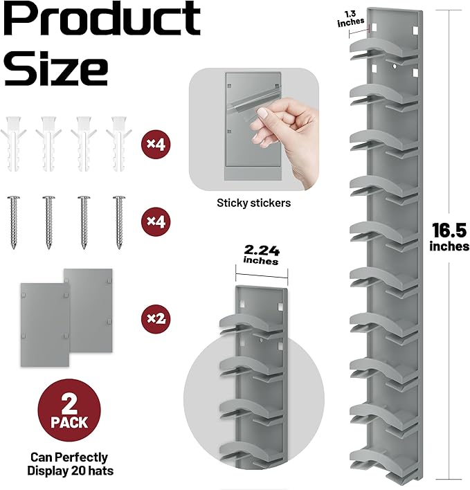 Hat Organizer Hold up to 20 Hats, 2 Pack Hat Rack for Wall with Strong Adhesive, Hat Organizer for Baseball Caps Display for Door Closet, Hat Hanger Holder Multilayer Two Mounting Option(Black)
