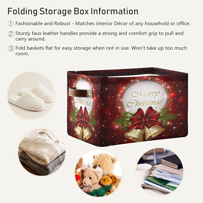 Red Bells Basket Decor Xmas Winter Holly Storage Bin Fabric Storage Box Cube with Handles Large Kids Toys Clothes Organizer for Nursery Bedroom