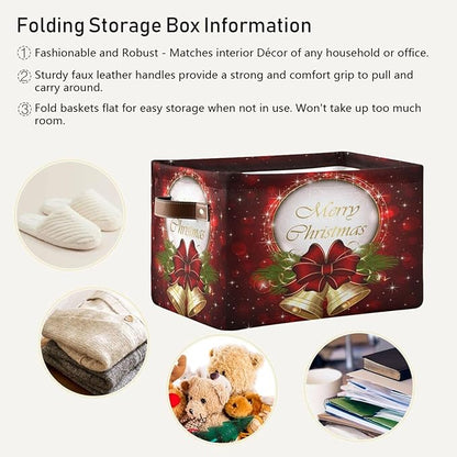 Red Bells Basket Decor Xmas Winter Holly Storage Bin Fabric Storage Box Cube with Handles Large Kids Toys Clothes Organizer for Nursery Bedroom