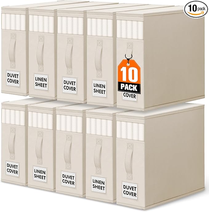WOWBOX Sheet Organizers and Storage,Closet Bed Sheet Organizer Under Bed Storage and Organization with Label Cards & Clear Window for Bedding Sheets,Duvet Covers,Blankets (10 Pack，Beige)