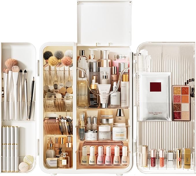 SEE SPRING Makeup Organizer for Vanity, Large Capacity Skincare Organizers and Storage with Drawers, Dustproof Cosmetic Display Case for Bathroom Countertop, Trendy Teen Girl Gifts, White