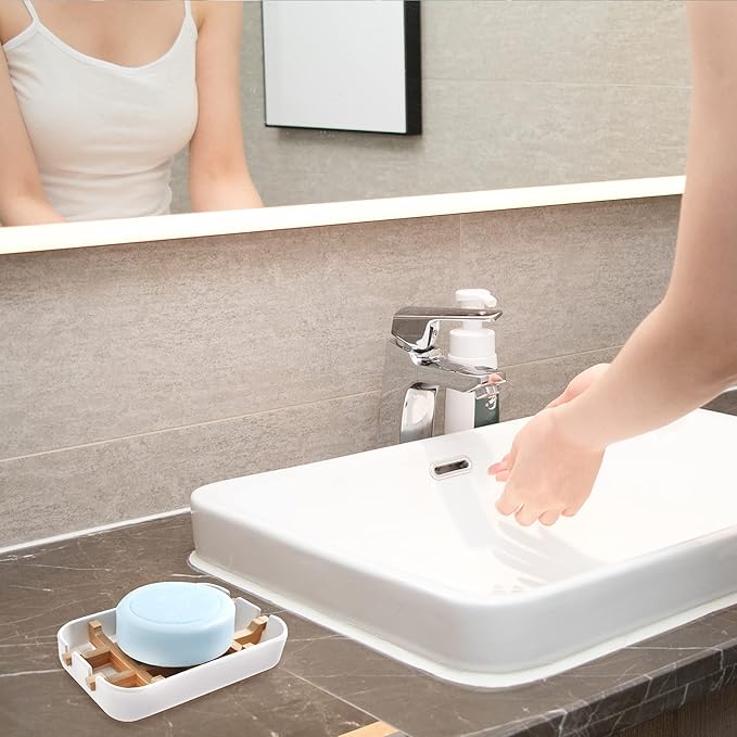 Soap Dishes for Bar Soap,2 Pack Environmentally-Friendly Bathroom Soap Dishes (Removable),2Pcs/Set Bamboo Soap Dishes Holder,Bathroom Sink Soap Dish,White