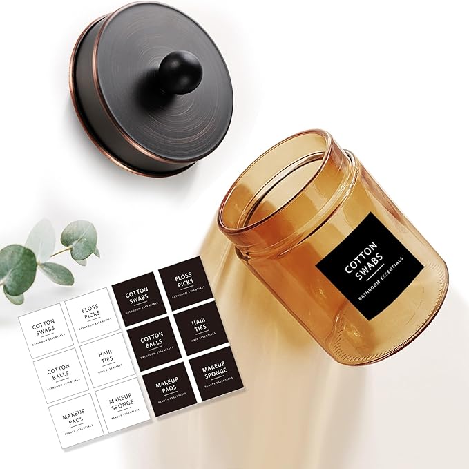Amolliar Bronze Glass Apothecary Jar With Metal Lid & Stickers, Bathroom Qtip Dispenser Storage Canister, Perfect for Cotton Balls, Cotton Swabs, Makeup Pads, Bath Salt, Floss 1 Pack(ORB)