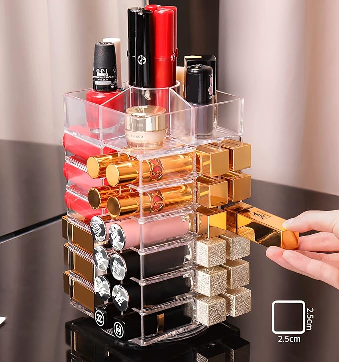 Sooyee 360 Degree Spinning Lipstick Organizer Holder 53 Spaces, Acrylic Cosmetic Display Cases for Lipstick, Brushes, Bottles, and More, Clear