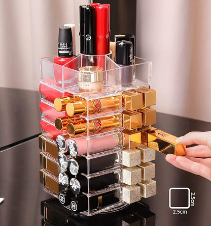 Sooyee 360 Degree Spinning Lipstick Organizer Holder 53 Spaces, Acrylic Cosmetic Display Cases for Lipstick, Brushes, Bottles, and More, Clear