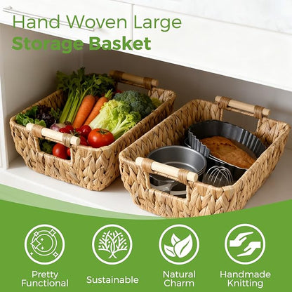 2 Pack Wicker Storage Baskets with Wooden Handles, Large Water Hyacinth Basket for Organizing Shelves, Natural Woven Storage Baskets for Snack, Gift