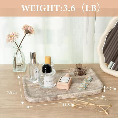 Karibiber Marble Vanity Trays, Travertine Bathroom Tray, Decorative Tray for Dresser Countertop, Grey Stone Serving Holder for Kitchen, Storage Trays for Perfume, Jewelry Candle Organizer