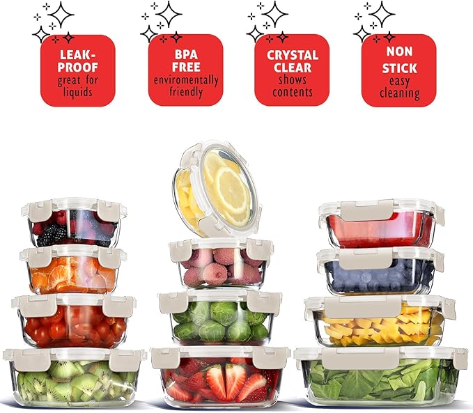 EATEX 24pc Glass Storage Containers with Lids, 12 Glass Food Storage Containers with 12 Airtight Lids for Pantry & Kitchen, Meal Prep Containers for Lunch, Oven Freezer Microwave & Dishwasher Safe