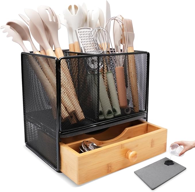 Kitchen Utensil Holder Countertop, Extra Large Utensil Organizer with Drawer, 2-In-1 Utensil & Silverware Holder for Countertop, Kitchen Organizer for Cookware Spatula, with Quick Dry Diatomite Base