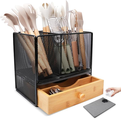 Kitchen Utensil Holder Countertop, Extra Large Utensil Organizer with Drawer, 2-In-1 Utensil & Silverware Holder for Countertop, Kitchen Organizer for Cookware Spatula, with Quick Dry Diatomite Base