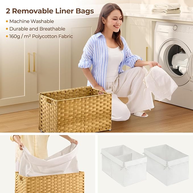Greenstell Storage Basket with Lid, 65L Small Wicker Basket with Lid, Handwoven Blanket Storage Basket with Handles, Removable Cotton Liner, Metal Frame, Foldable for Bedroom, Laundry Room, Natural