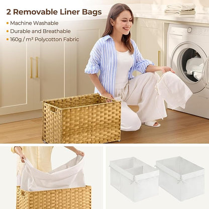 Greenstell Storage Basket with Lid, 65L Small Wicker Basket with Lid, Handwoven Blanket Storage Basket with Handles, Removable Cotton Liner, Metal Frame, Foldable for Bedroom, Laundry Room, Natural