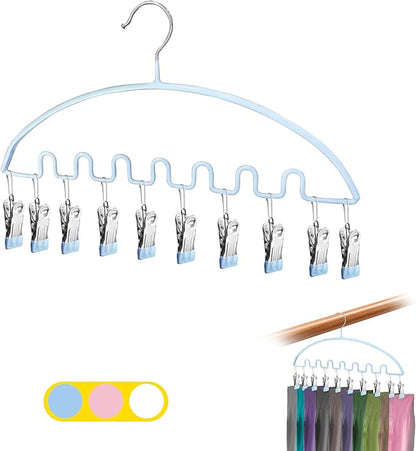 Legging Organizer for Closet,Metal Wave Design Pants Hanger with 10 Clips 7 Hooks, Closet Storage for Pants, Skirts, Hats (Blue, 1Pack)