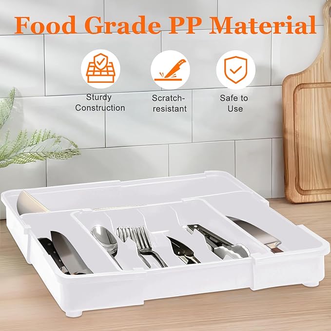 Spaclear Silverware Organizer Extra Deep - Expandable Utensil Drawer Organizer, 19 x 15 Inch Silverware Tray for Kitchen Drawer with 7 Slots, Adjustable Cutlery Tray for Spoons Forks Knives, White