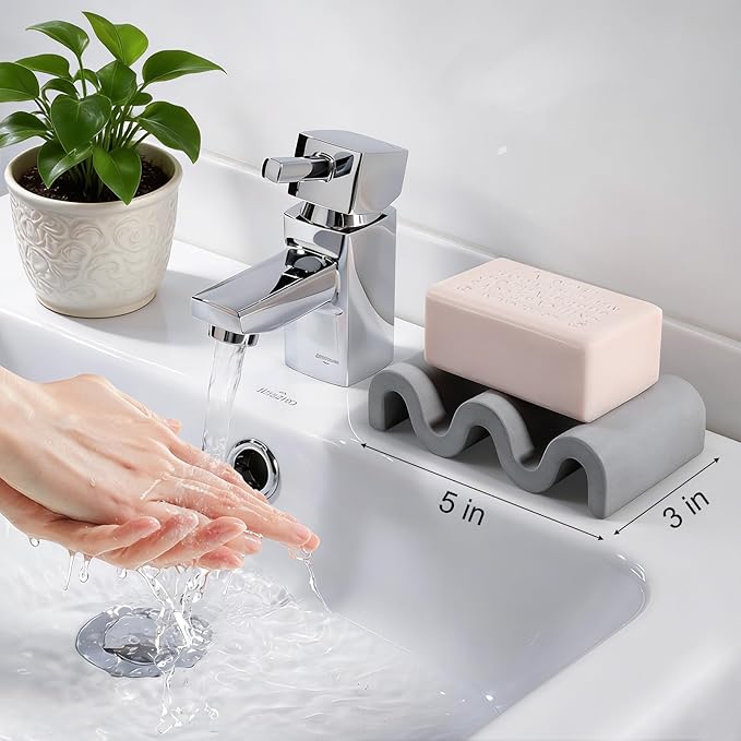 Diatomite Soap Dish Quick Drying Bar Soap Holder Draining Soap Saver Rack Wave Pattern Sponge Tray for Bathroom Sink, Shower, Kitchen, Dark Grey