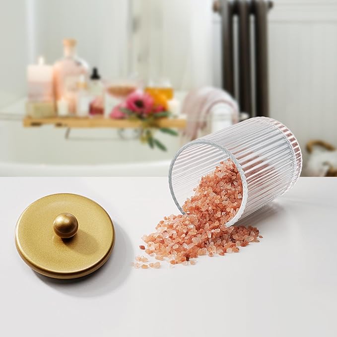 SheeChung 1-Pack Gold Ribbed Glass Qtip Holder - Apothecary Jar Bathroom Organizer with Metal Lid - Small Vanity Canister for Cotton Swabs, Rounds, Floss Picks - Modern Luxury Decor