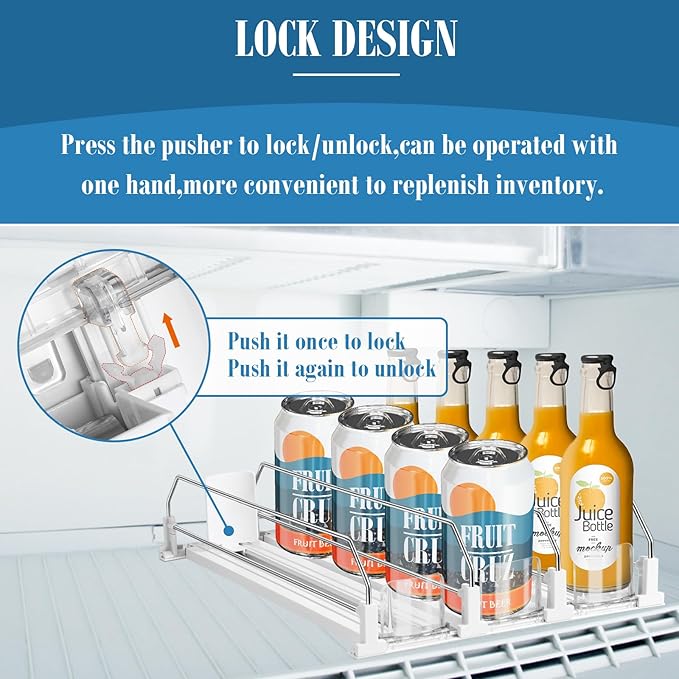 hanmir Drink Organizer for Fridge, Adjustable Width Soda Can Dispenser for Refrigerator Organizers and Storage, 3 Rows Beer Bottle Beverage Holder with Pusher Glide (14.96" D, White)
