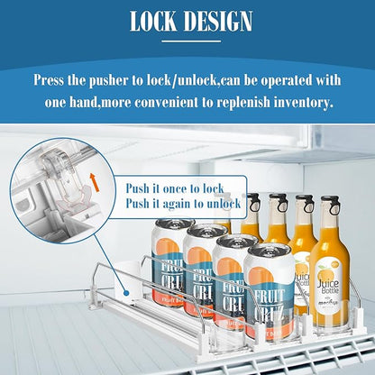 hanmir Drink Organizer for Fridge, Adjustable Width Soda Can Dispenser for Refrigerator Organizers and Storage, 3 Rows Beer Bottle Beverage Holder with Pusher Glide (14.96" D, White)