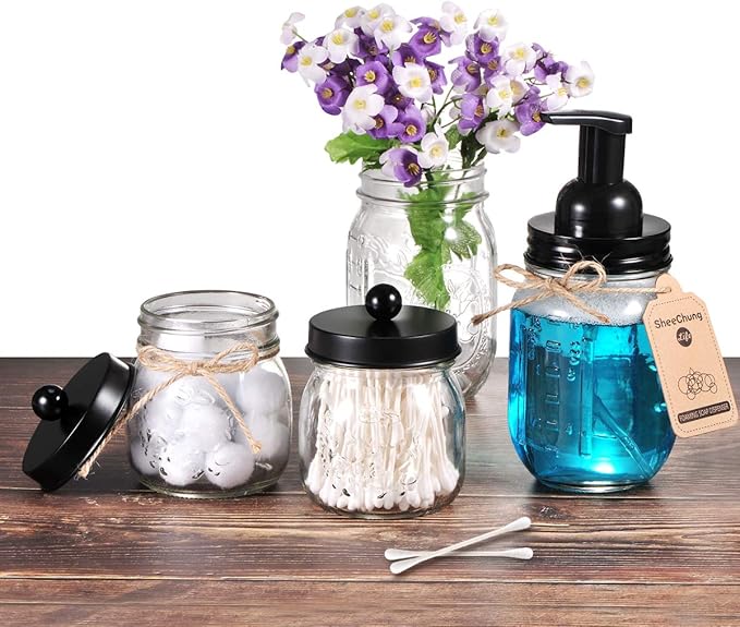 SheeChung Small Mason Jar, Glass Qtip Holder, Apothecary Jars with Lids, Bathroom Organizers and Storage, Bathroom Canister for Q-tips, Cottons, Floss, Balls, Cotton Swabs, Farmhouse Decor-Black