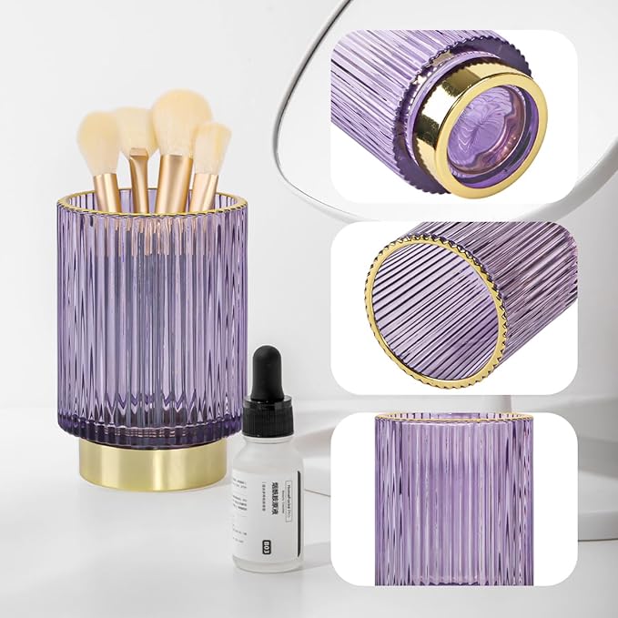 Glass Makeup Brush Holder, Purple Makeup Brush Holder for Vanity, Toothbrush Holders for Bathrooms, Desktop Makeup Organizer for Cosmetic, Brushes, Pen, Pencil