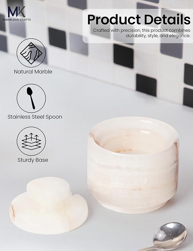 Salt Cellar with Lid and Spoon 3" Inch White Onyx Salt and Pepper Dish, Marble Sugar and Salt Bowls, Ideal for Easter Table Decor and Kitchen Countertop Storage