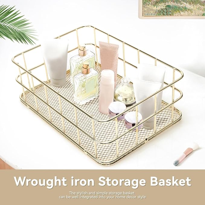 2Pcs Gold Basket Bathroom Organizer Storage Basket for Decor Desktop Exquisite Vanity Dresser Ornament Office Stationery Home(9.65 * 6.5 * 2.75inch)