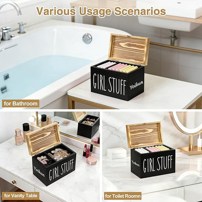 Tampon Holder for Bathroom with Hinged Lid, Modern Farmhouse Feminine Product Organizer, Decorative Storage Box for Pads & Period Essentials, Toilet Tank or Countertop