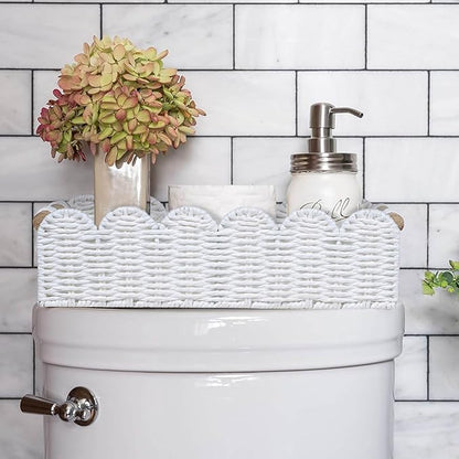 CubesLand Bathroom Basket Organizer, Toilet Tank Paper Storage Baskets 2-Pack, Scalloped Decorative Basket for Countertop w/Handle, Wicker Basket for Bathroom Decor, Home Decor, Living Room, White