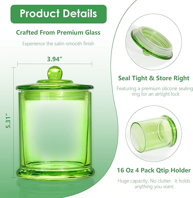 LITIVY 4 Pack Bathroom Organizers and Storage - 16 Oz Glass Qtip Holder & Cotton Pad Dispenser with Lid, Apothecary Jars for Home, Room Decor, Kitchen Organizer (Green)
