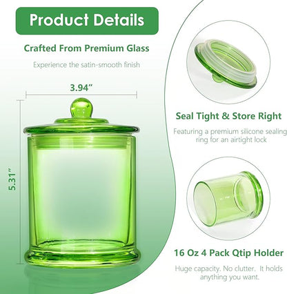 LITIVY 4 Pack Bathroom Organizers and Storage - 16 Oz Glass Qtip Holder & Cotton Pad Dispenser with Lid, Apothecary Jars for Home, Room Decor, Kitchen Organizer (Green)