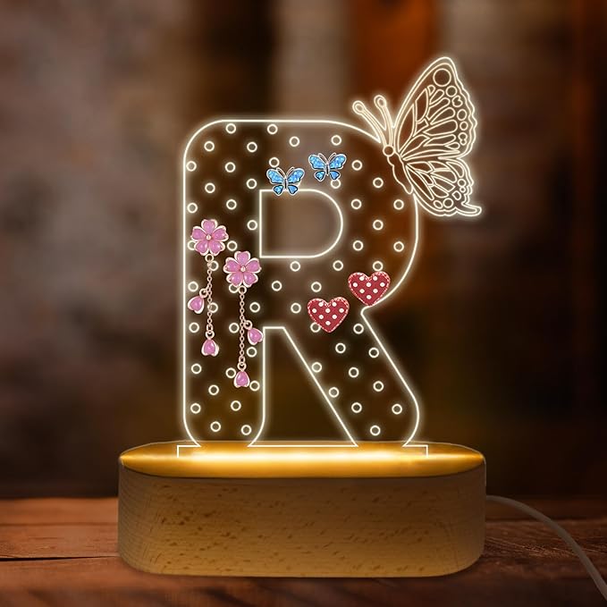 COSHAYSOO Earring Holder Organizer for Women Teen Girls with Butterfly Decorations LED Night Light, Initial Earring Rack Vanity Dresser Dressing Table Bedroom Room Decor Letter R