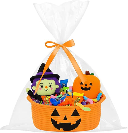 ShellKingdom Halloween Basket, Storage Basket with Handles, Empty Halloween Decorations Gift Baskets with Gift Bags and Ribbon, 12 X 8 X 5 INCH
