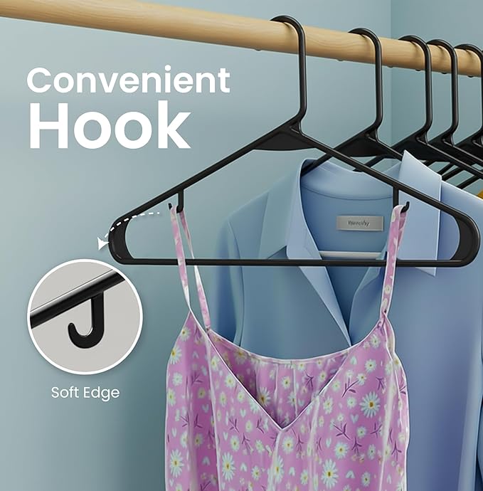 Utopia Home Plastic Hangers 100 Pack - Space Saving Clothes Hanger - Durable & Strong Closet Organizers and Storage with Built-in Strap Hooks - Essential for Shirts, Pants, Skirts & Coats (Black)