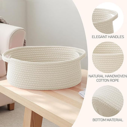 JMvicyroam Woven Basket,Small Rope Storage Bin with Handles & Ribbon Bag, Organizer for Shelves Closets,Gift Basket Empty for Birthday,Books,Dog Toys,White/2 Pack