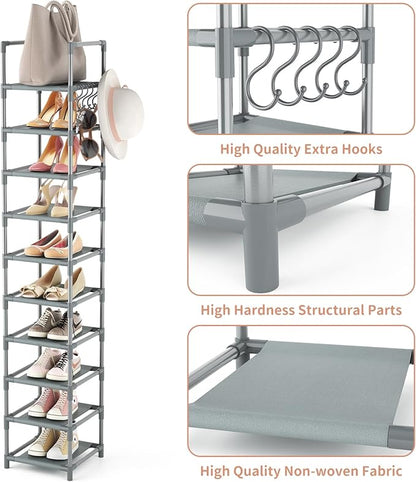 LANTEFUL Narrow Shoe Rack 10-Tier Tall Shoe Organizer Skinny Shoe Shelf Storage for 10-15 Pairs Shoe and Boot, Space Saving Corner Shoe Rack Organizer for Closet, Entryway, Living Room, Grey