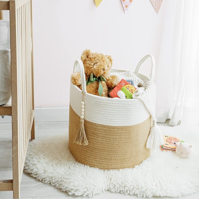 Mkono Woven Storage Basket Decorative Natural Rope Basket Wooden Bead Decoration for Blankets,Toys,Clothes,Shoes,Plant Organizer Bin with Handles Living Room Home, 16" Wx13.8 L, Cream White and Brown