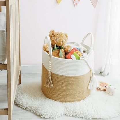 Mkono Woven Storage Basket Decorative Natural Rope Basket Wooden Bead Decoration for Blankets,Toys,Clothes,Shoes,Plant Organizer Bin with Handles Living Room Home, 16" Wx13.8 L, Cream White and Brown