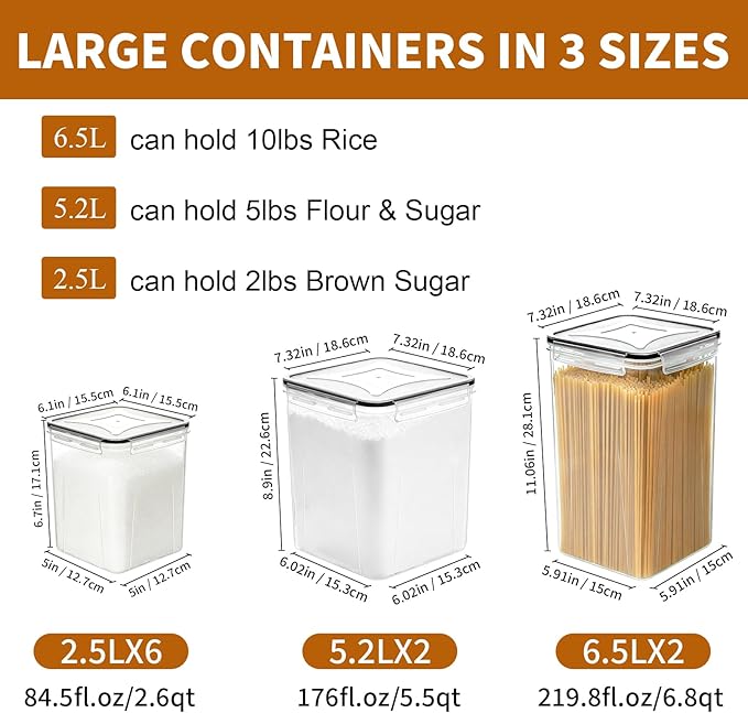 Flour Sugar Storage Containers, 10 Pack Large Airtight Food Storage Containers with Lids for Kitchen Pantry Organization and Storage, BPA Free Plastic Canisters Sets for Cereal, Rice and Baking