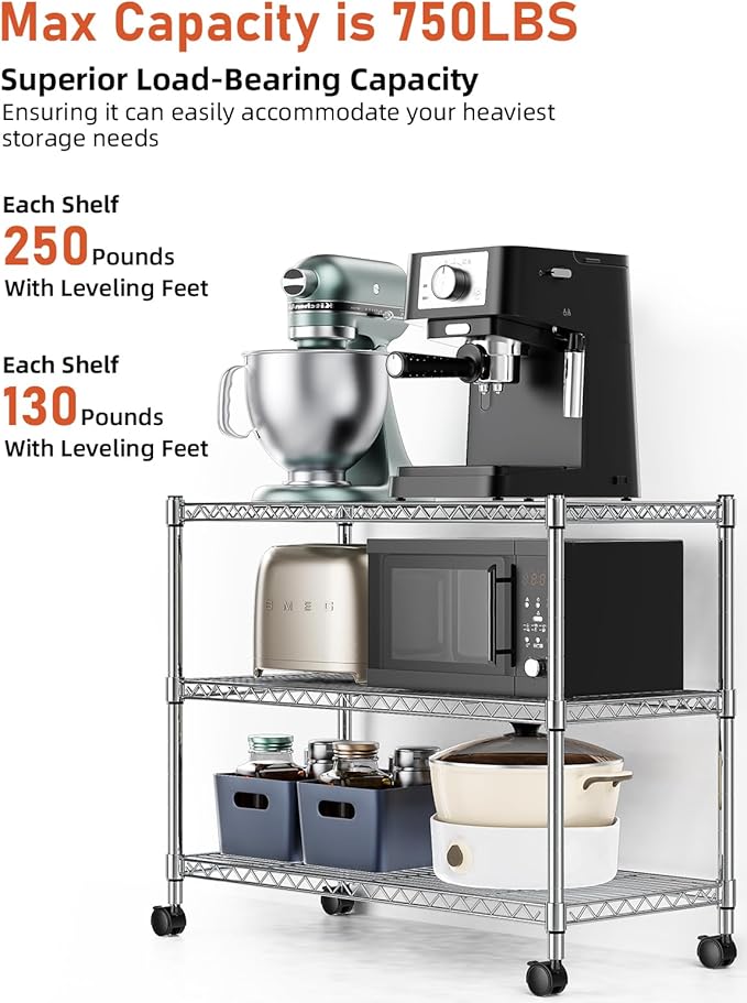 YSSOA 3-Tier Heavy Duty Storage Shelves 750Lb Capacity, 24.02" D x 13.78" W x 21.97" H Shelving Unit for Pantry, Garage, Laundry and Kitchen, Chrome, 2 Pack