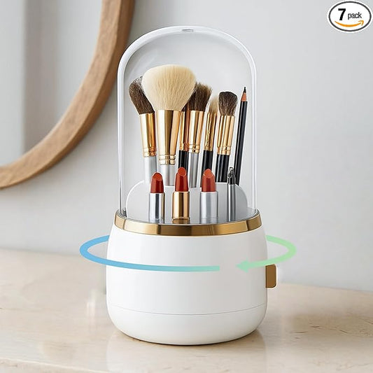Toothbrush Holder with Lid Cosmetic Tools Organizer 360 Rotating 7-Slot Draining Waterproof Dustproof Make Up Brushes Toothbrush Storage for Dresser Vanity Bathroom Countertop