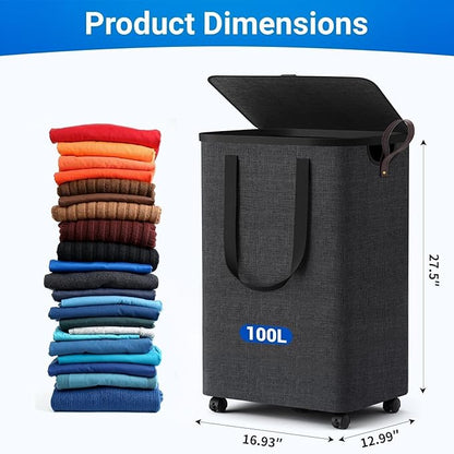 Laundry Basket with 5 Wheels, Tall Dirty Laundry Hamper, Rolling Laundry Basket with Lid, Large 100L Collapsible Clothes Hamper for Laundry Room Bedroom Bathroom Dorm, Dark Gray