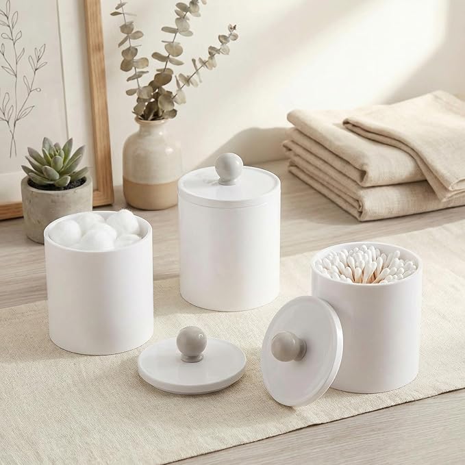 SheeChung 4 Pack Qtip Holder,White Acrylic Apothecary Jars,Shatterproof Qtip Holder Dispenser Set,Opaque Bathroom Vanity Organizer for Cotton Swabs,Balls,Pads, Modern Minimalist Decor (4 Pack,12&10oz)