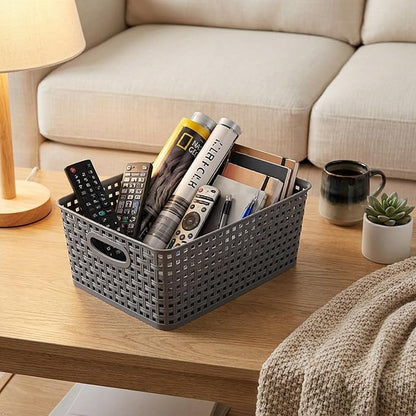 Kekow 4-Pack Gray Plastic Storage Basket, Pantry Woven Plastic Storage Basket