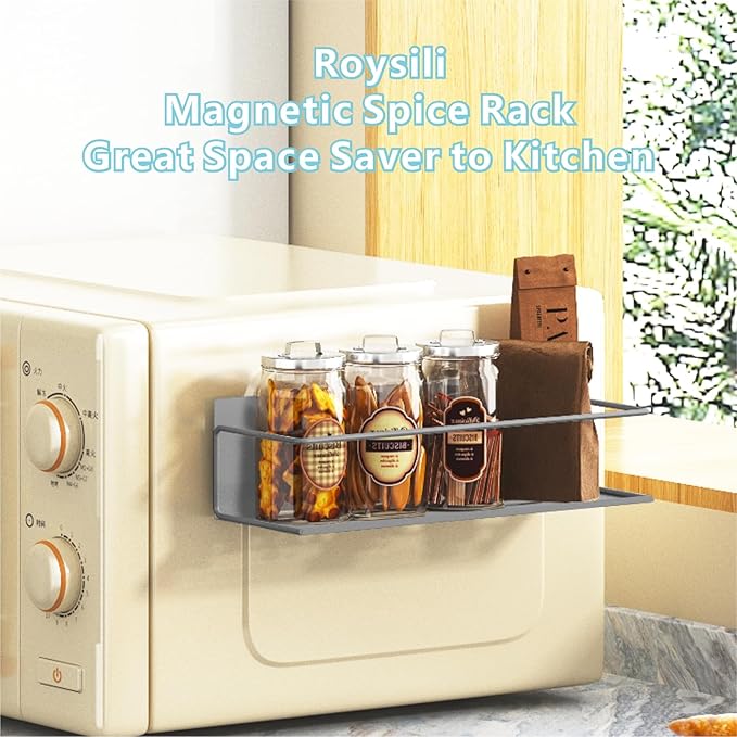 Magnetic Spice Rack For Refrigerator, Space Saving Magnetic Shelf For Fridge Grey 4 Pack With Magnetic Paper Towel Holder