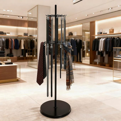 360° Rotation Belt Hanger, Black Belt Display Scarf &Ties Rack Stand, Floor Mounted Metal Men Closet Belt Organizer Holder Jewelry Necklaces Purse Hanger Shelf for Clothing Store Retail & Home