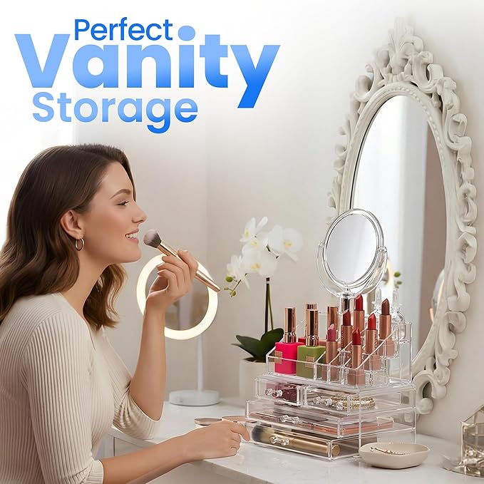 Masirs Clear Makeup Organizer with Mirror – 16-Compartment Cosmetic and Jewelry Holder, 4-Drawer Vanity Storage, Elegant Clear Design for Makeup and Accessories