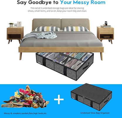 Onlyeasy 2 Pack Under Bed Shoe Storage Organizers with Handles & Clear window (Fit 14 +14 Pairs), Sturdy Underbed Box Organizer Shoe Storage Bags for Kids & Adults, Linen-like Black, MXAUBS14S14